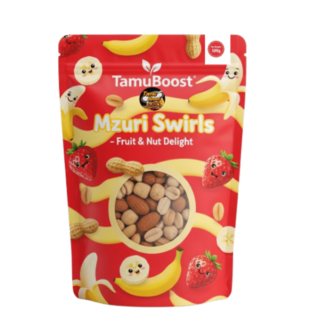 A clear bag filled with a mix of nuts, seeds, and dried fruit.