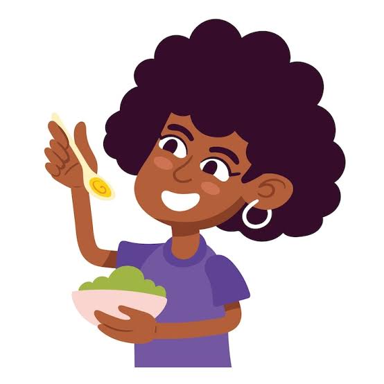Illustration of a young girl happily eating a snack.